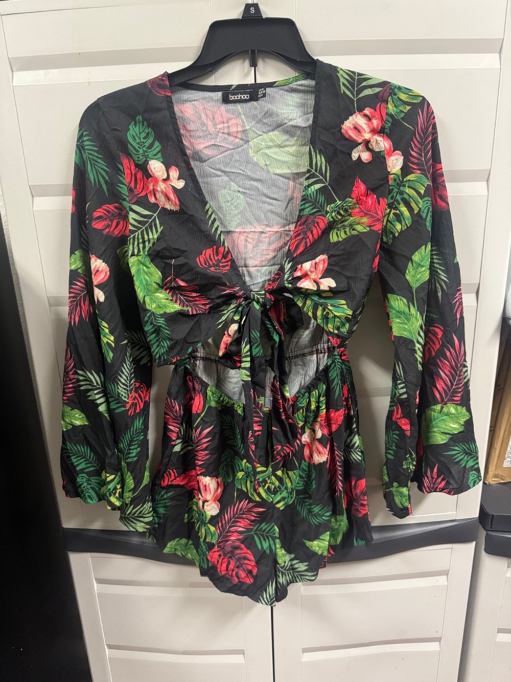 Boohoo Black Floral Tie-Front Tunic with Pink & Green Print
